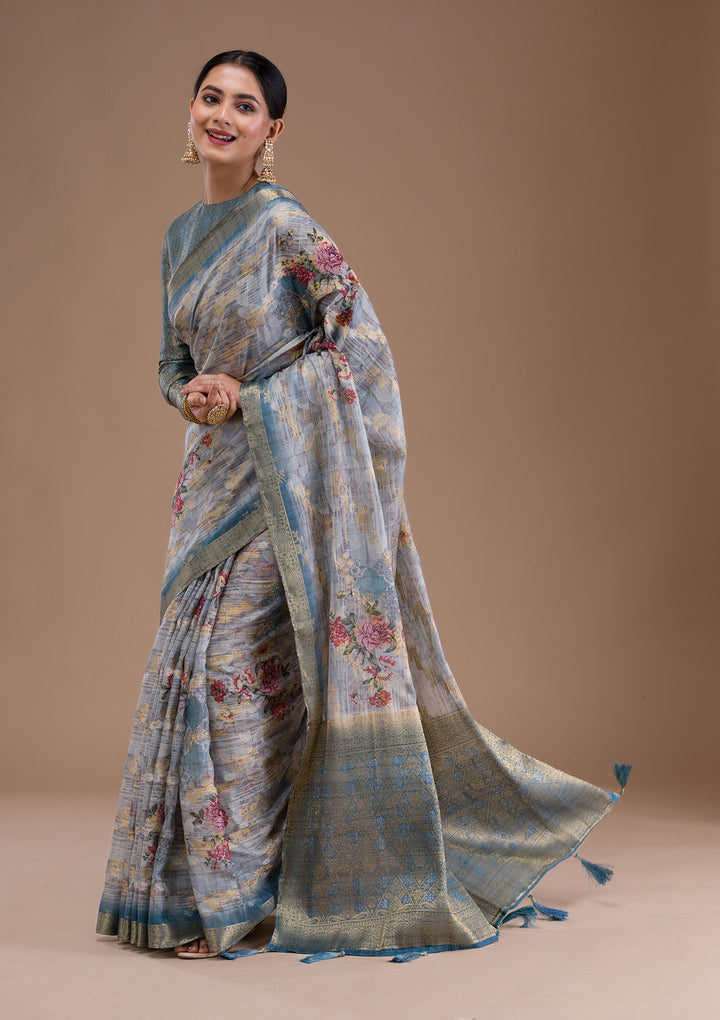 Light Grey Printed Tissue Saree
