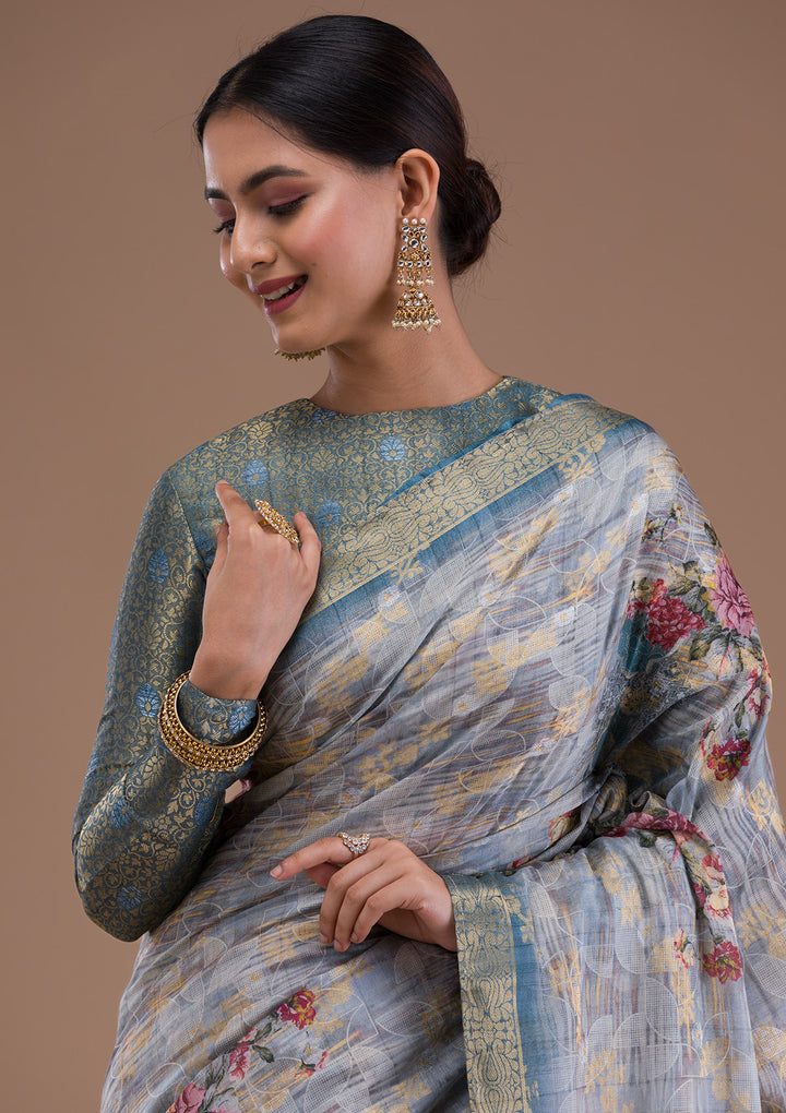 Light Grey Printed Tissue Saree
