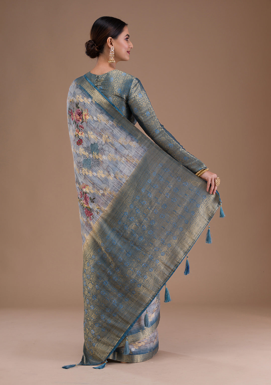 Light Grey Printed Tissue Saree