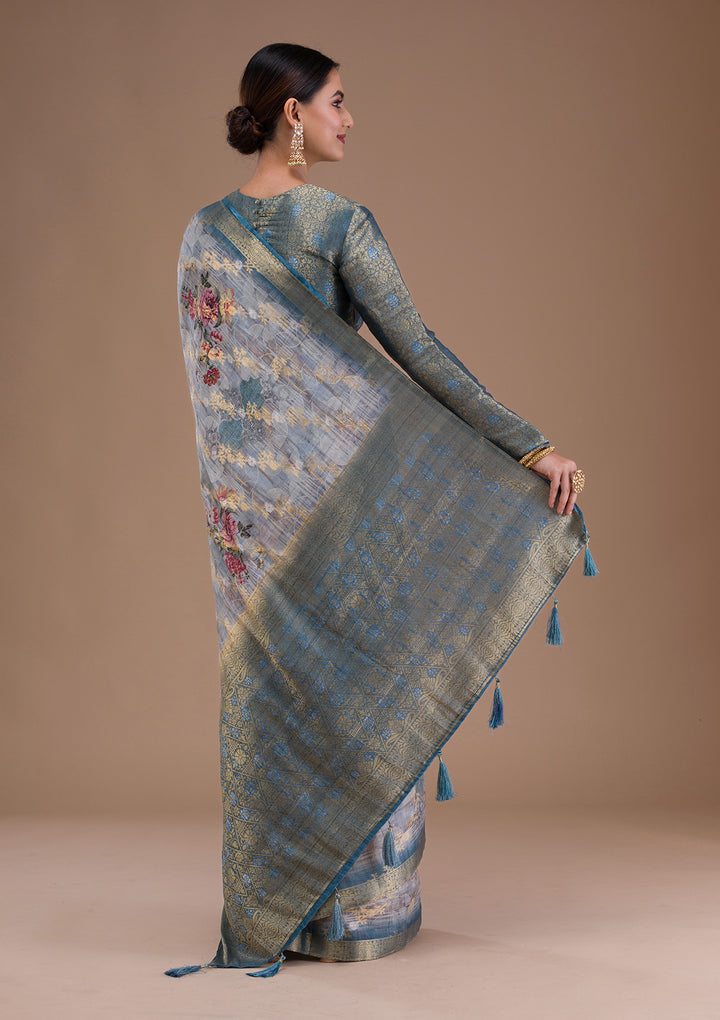 Light Grey Printed Tissue Saree