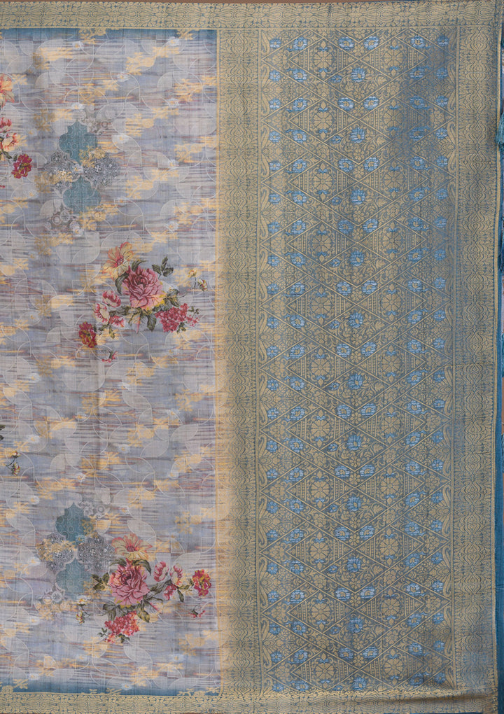 Light Grey Printed Tissue Saree