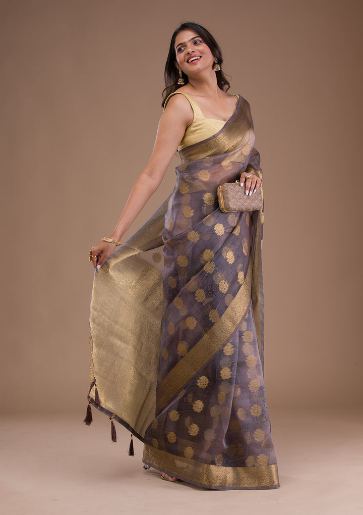 Light Grey Printed Tissue Saree