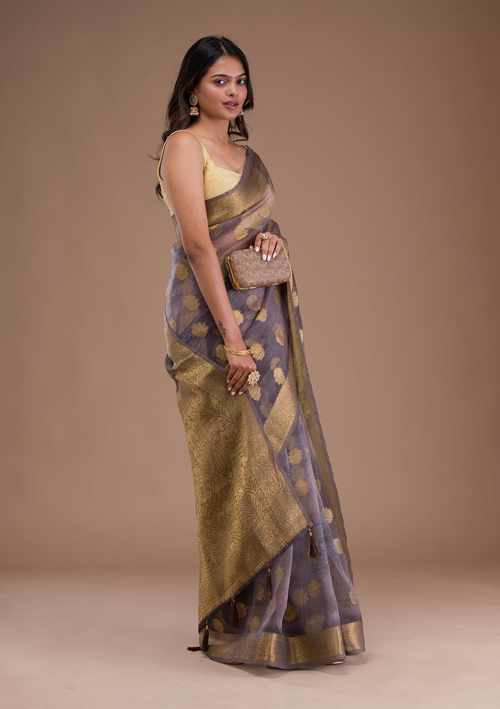 Light Grey Printed Tissue Saree