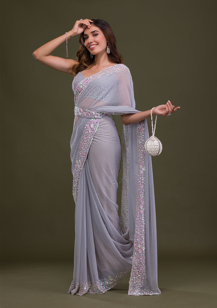 Light Grey Sequins Georgette Saree-Koskii