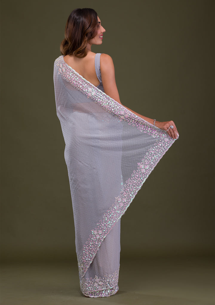 Light Grey Sequins Georgette Saree