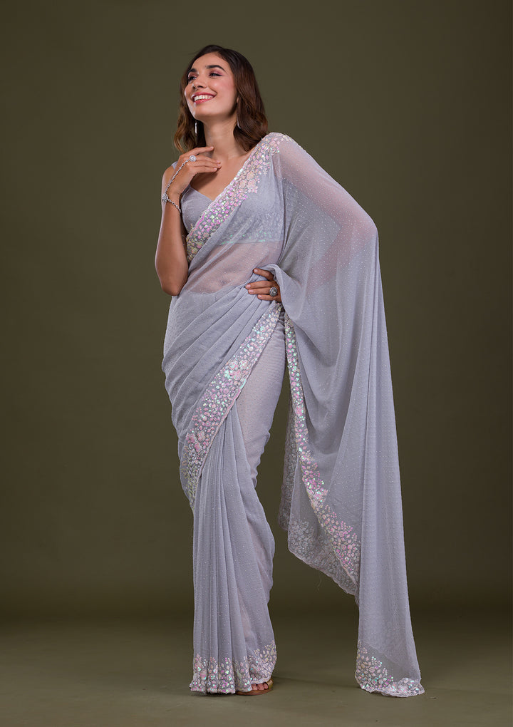 Light Grey Sequins Georgette Saree