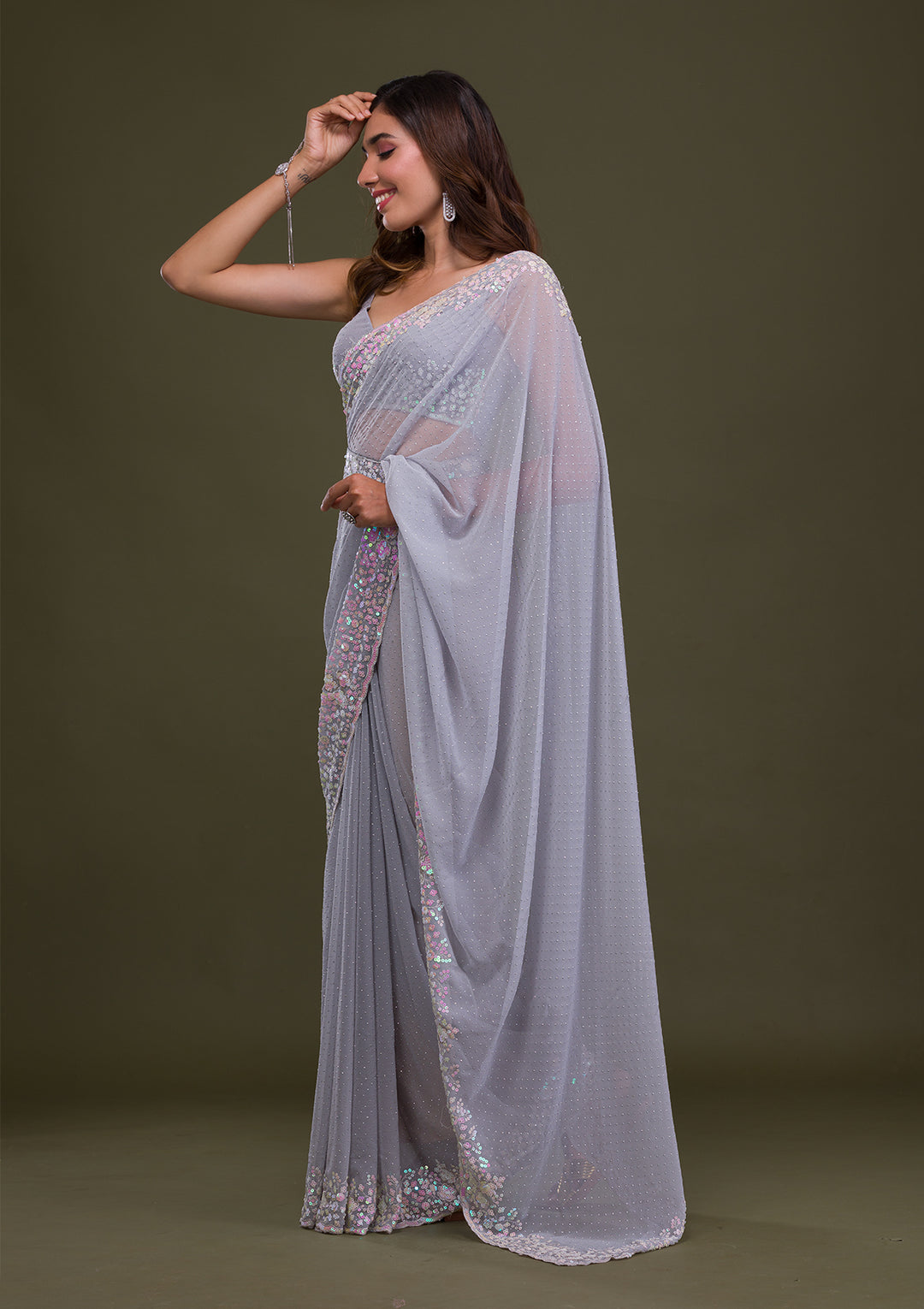 Light Grey Sequins Georgette Saree