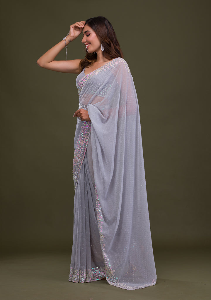 Light Grey Sequins Georgette Saree