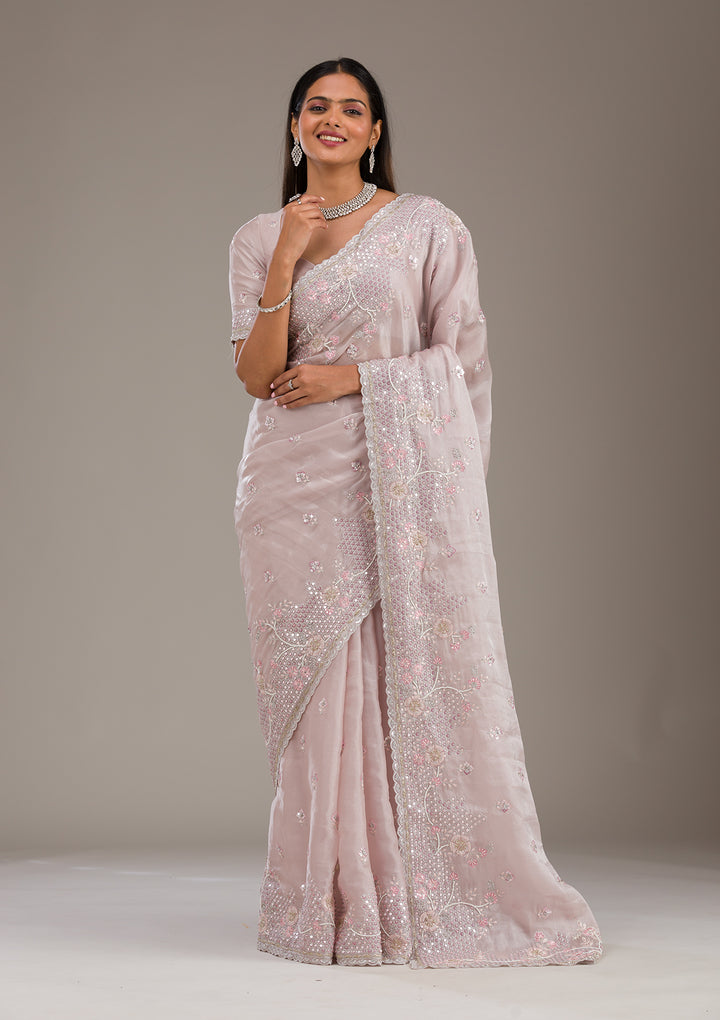Light Grey Sequins Tissue Saree