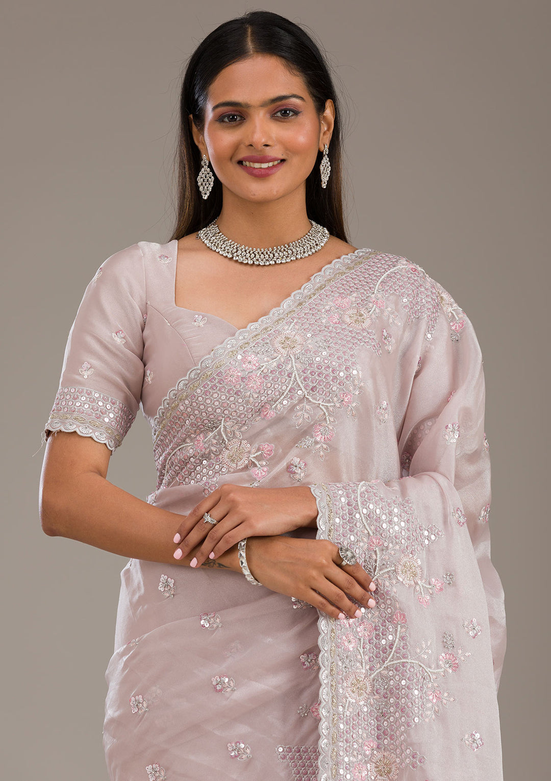 Light Grey Sequins Tissue Saree