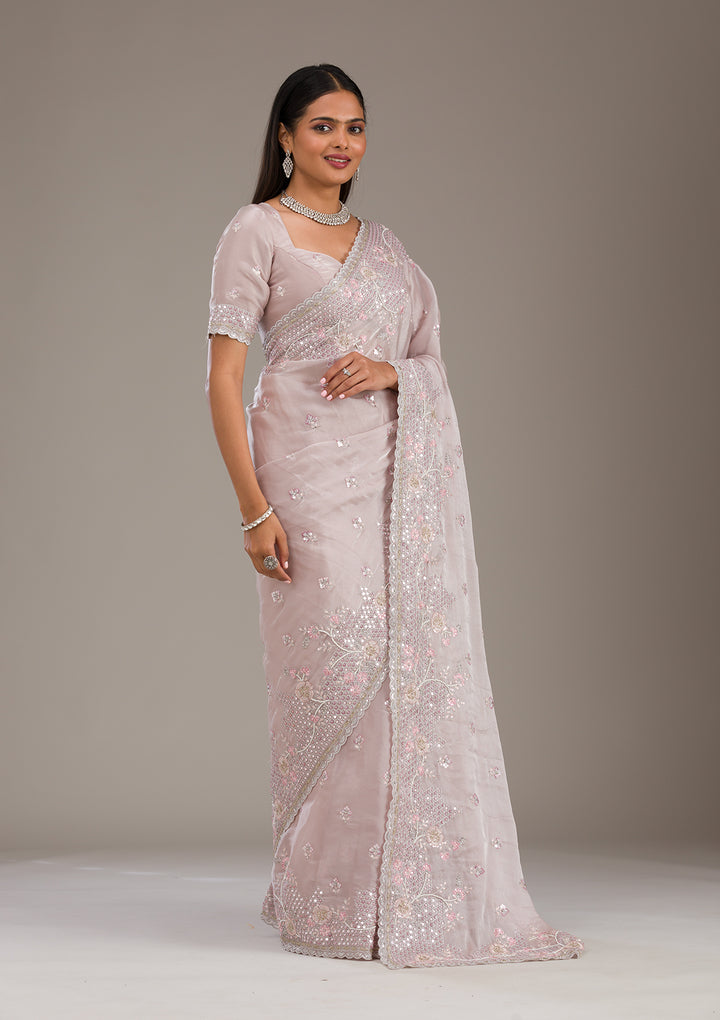 Light Grey Sequins Tissue Saree