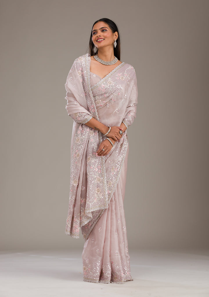 Light Grey Sequins Tissue Saree