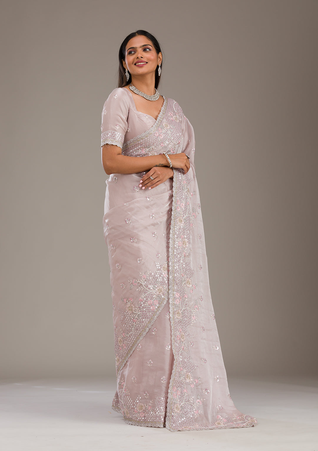 Light Grey Sequins Tissue Saree