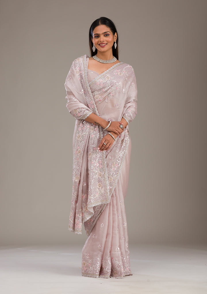 Light Grey Sequins Tissue Saree