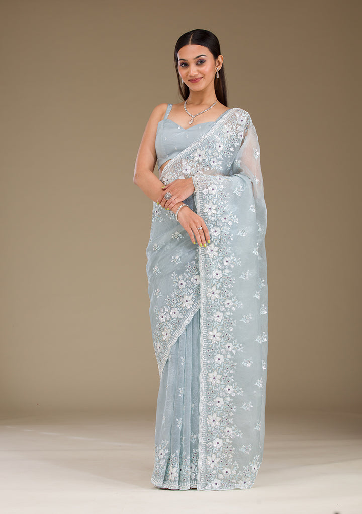 Light Grey Sequins Tissue Saree