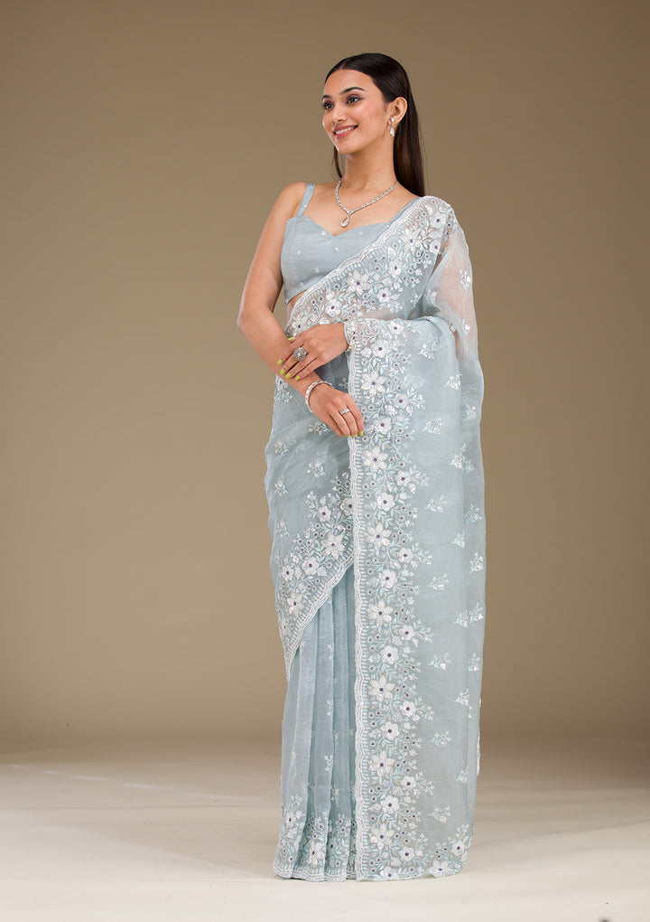 Light Grey Sequins Tissue Saree