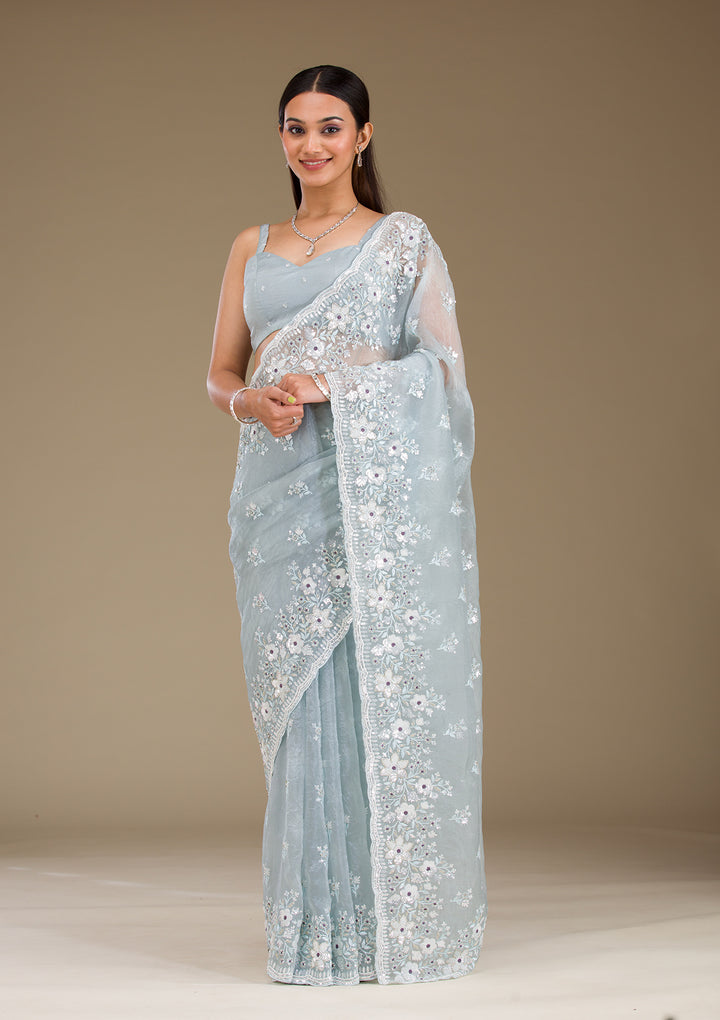 Light Grey Sequins Tissue Saree