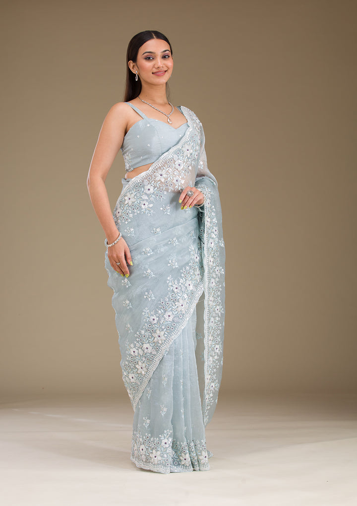 Light Grey Sequins Tissue Saree
