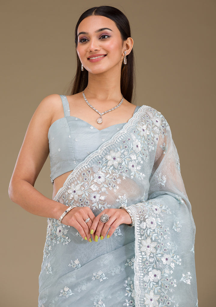 Light Grey Sequins Tissue Saree