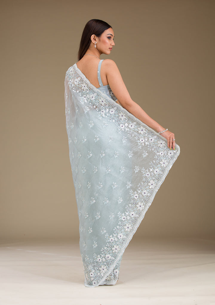 Light Grey Sequins Tissue Saree