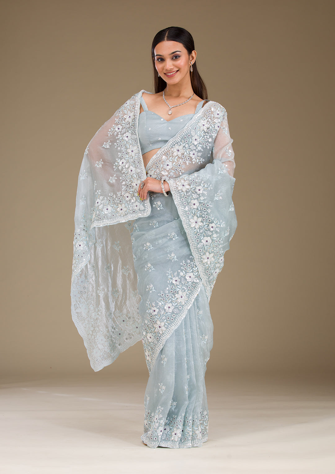 Light Grey Sequins Tissue Saree