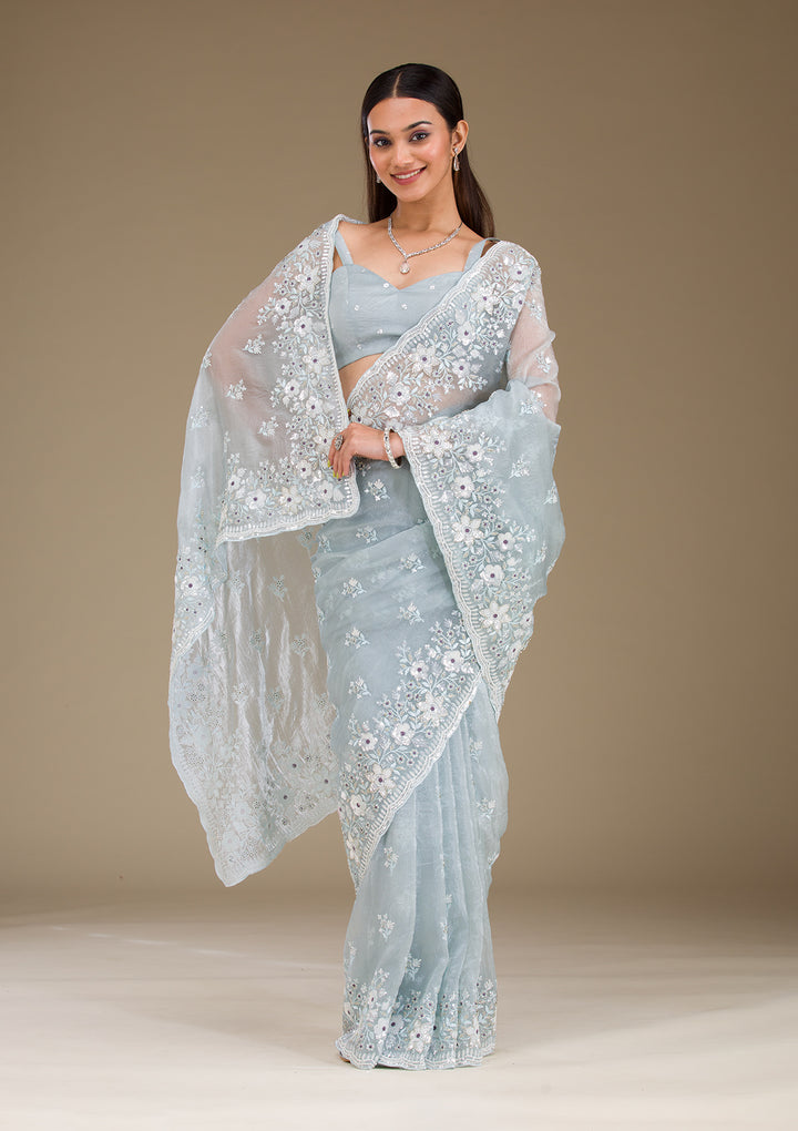 Light Grey Sequins Tissue Saree