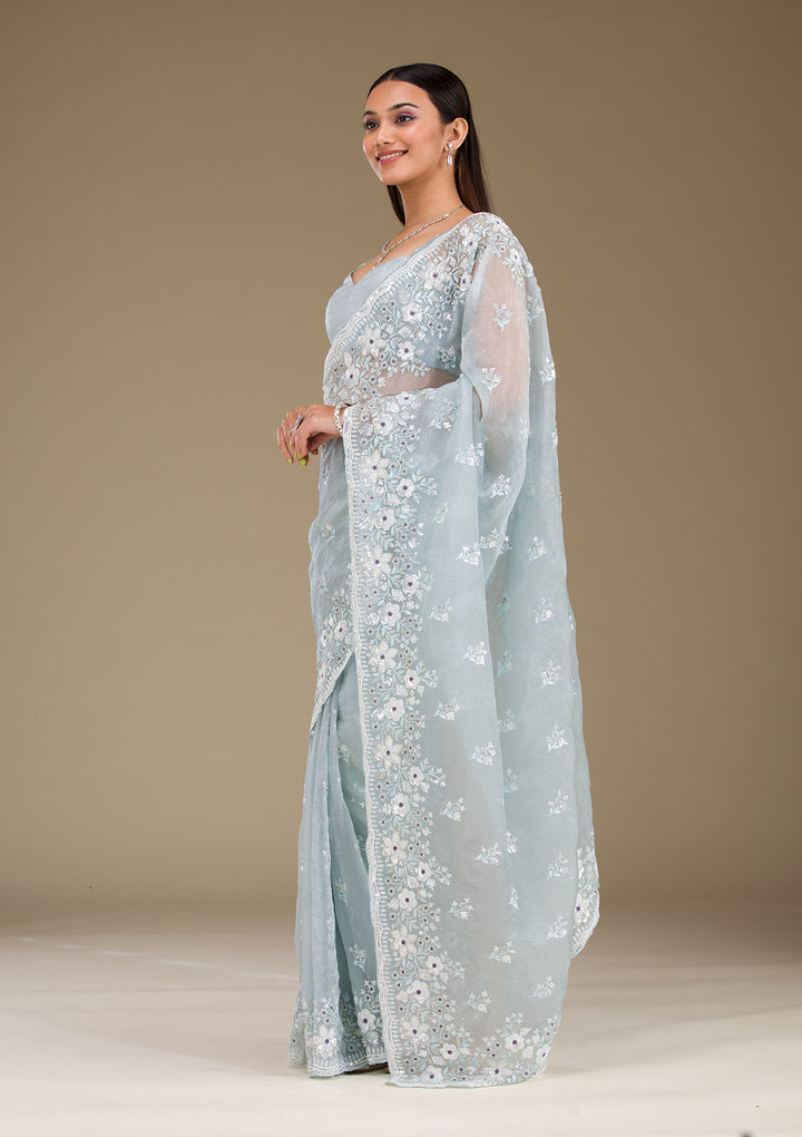 Light Grey Sequins Tissue Saree