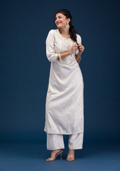 Light Grey Threadwork Chanderi Readymade Salwar Suit
