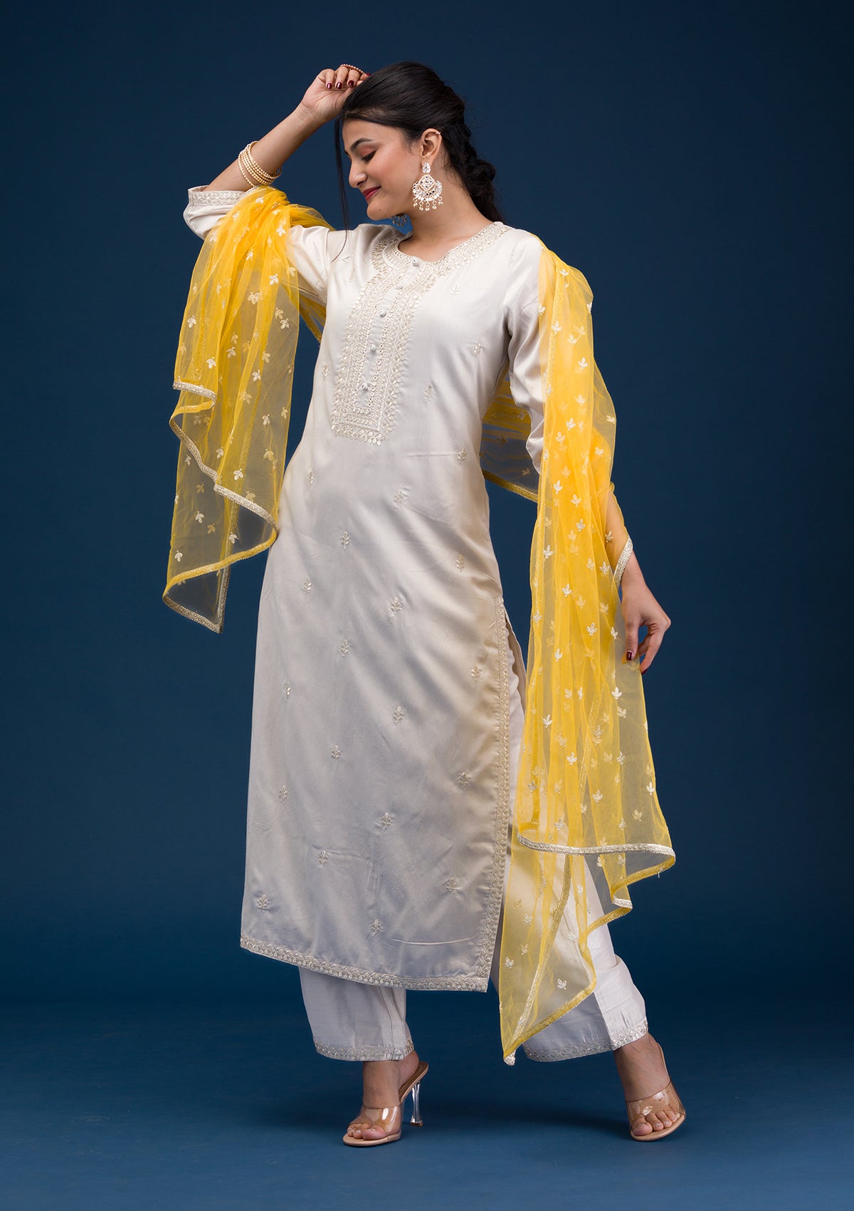 Light Grey Threadwork Chanderi Readymade Salwar Suit