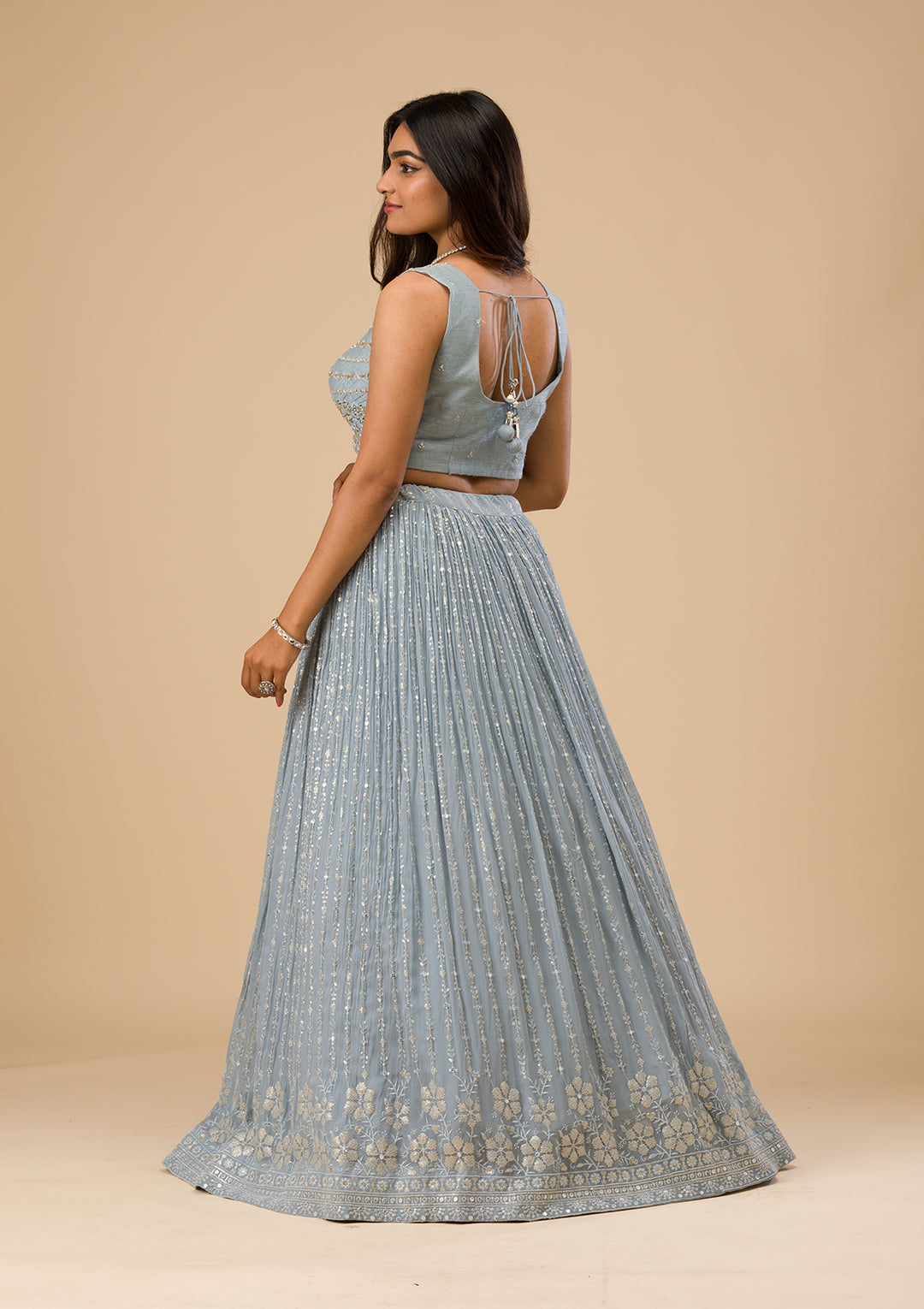 Light Grey Threadwork Georgette Readymade Lehenga