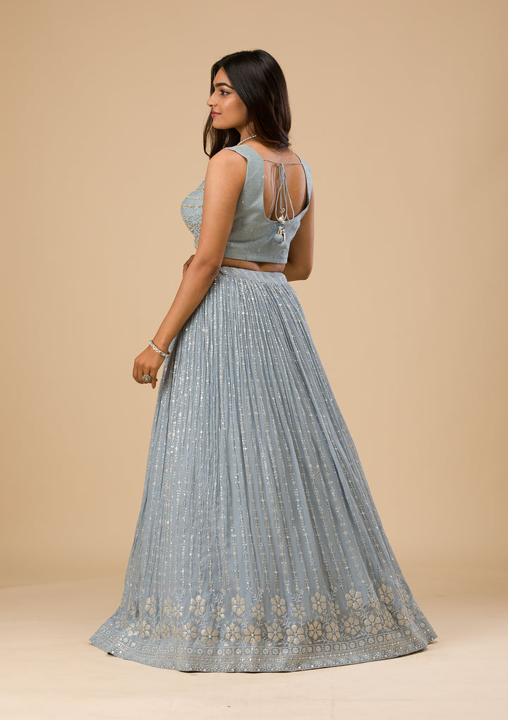 Light Grey Threadwork Georgette Readymade Lehenga