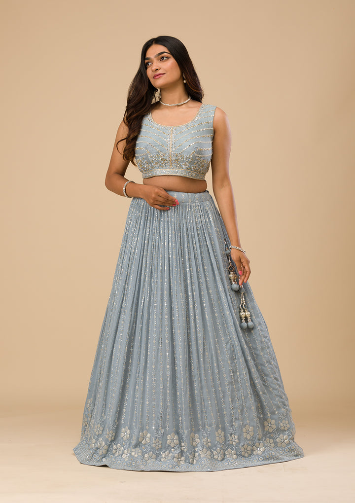 Light Grey Threadwork Georgette Readymade Lehenga