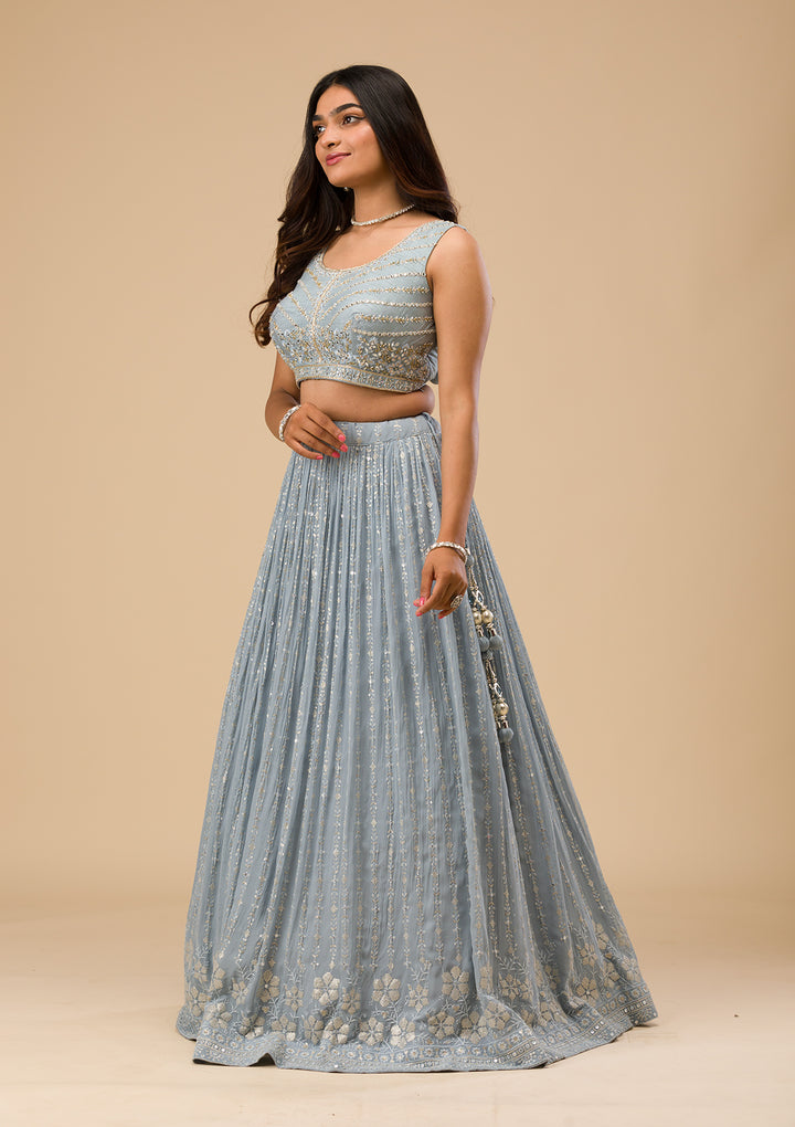 Light Grey Threadwork Georgette Readymade Lehenga
