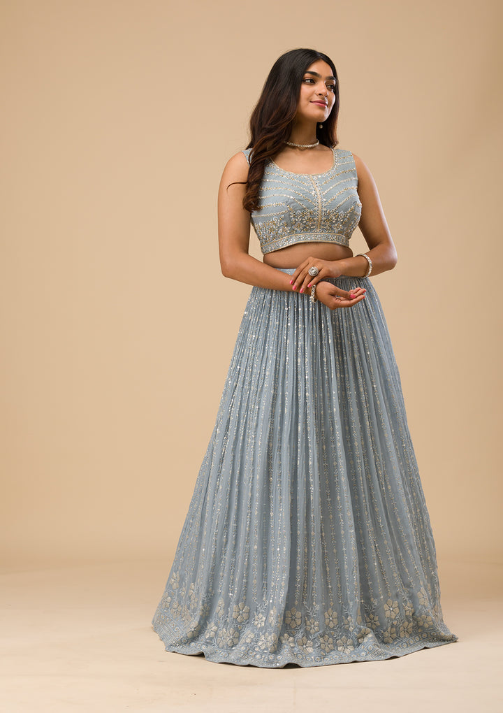 Light Grey Threadwork Georgette Readymade Lehenga