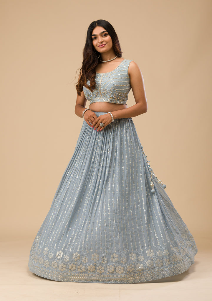 Light Grey Threadwork Georgette Readymade Lehenga