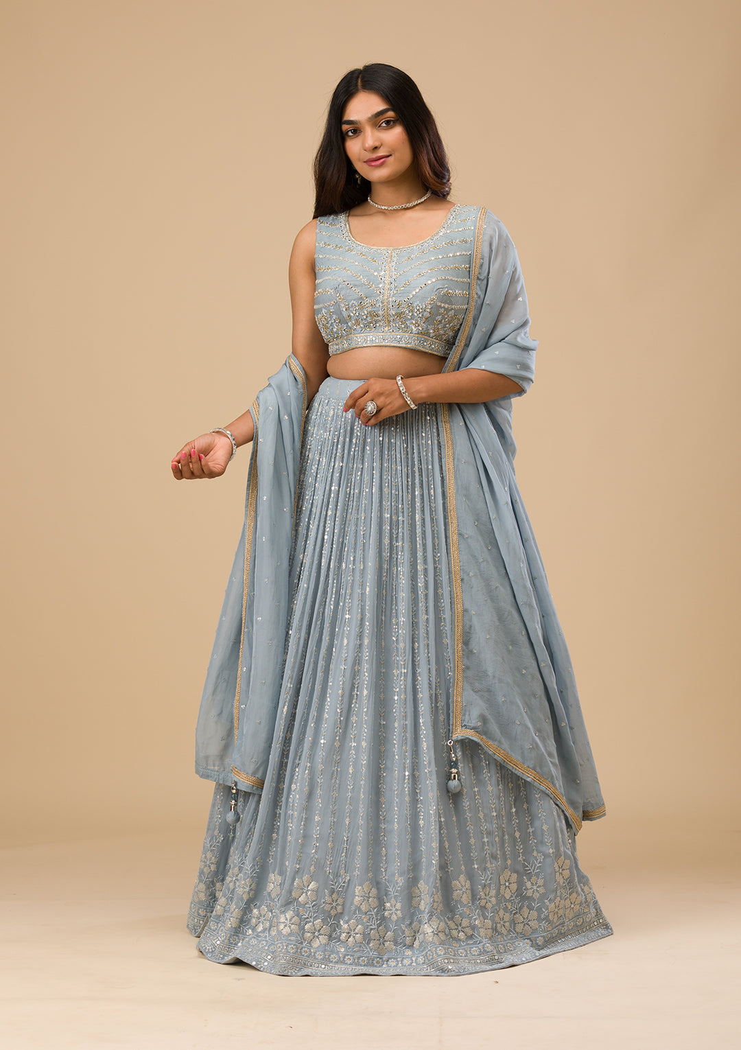 Light Grey Threadwork Georgette Readymade Lehenga