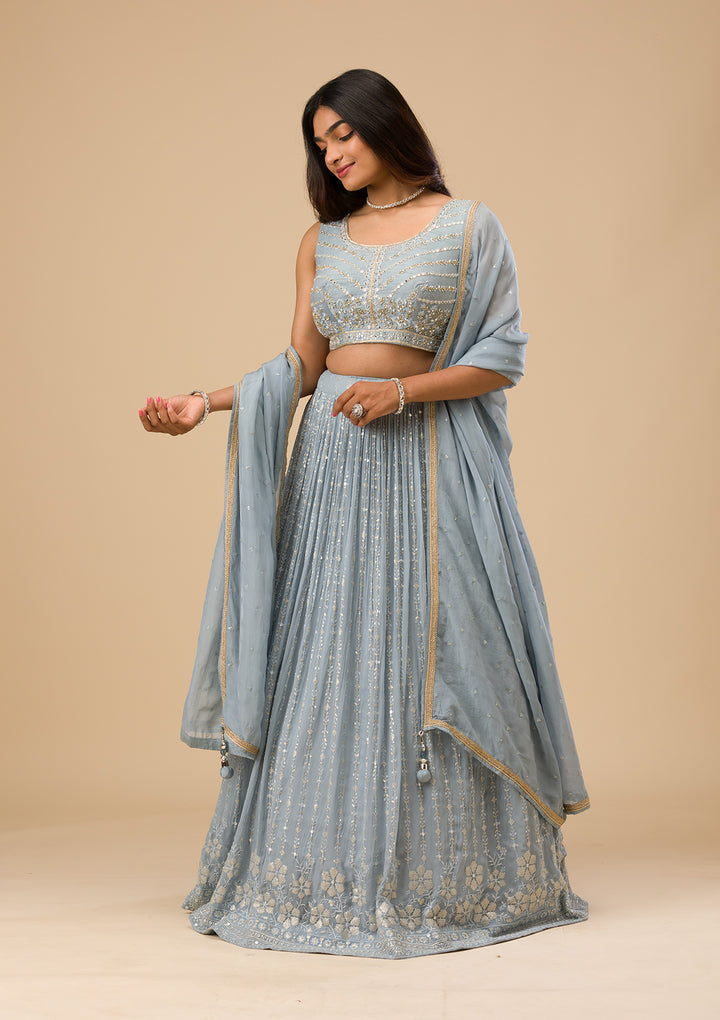 Light Grey Threadwork Georgette Readymade Lehenga