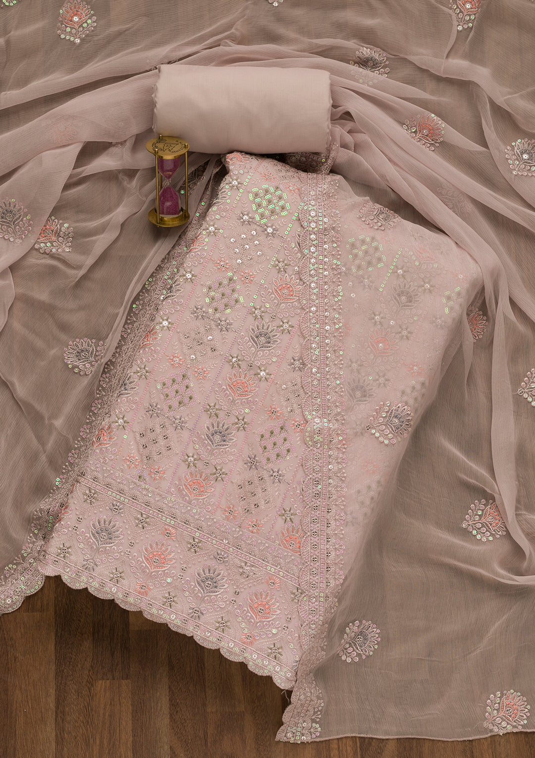 Light Grey Threadwork Georgette Unstitched Salwar Suit-Koskii
