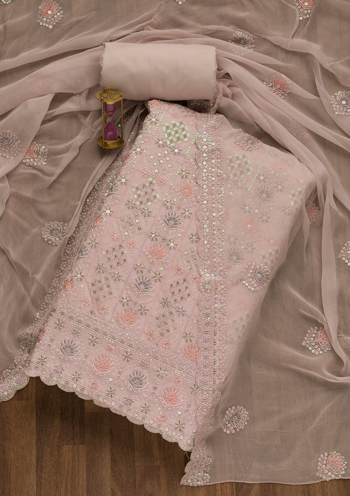 Light Grey Threadwork Georgette Unstitched Salwar Suit-Koskii