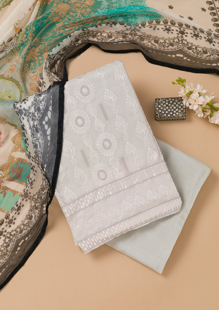 Light Grey Threadwork Georgette Unstitched Salwar Suit