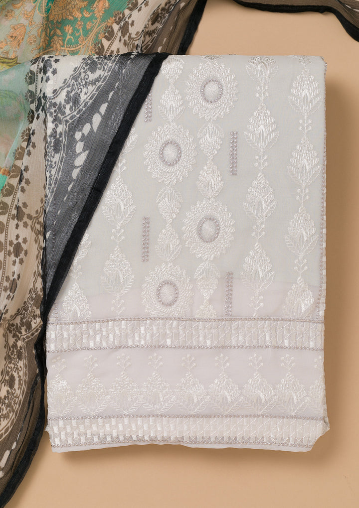 Light Grey Threadwork Georgette Unstitched Salwar Suit