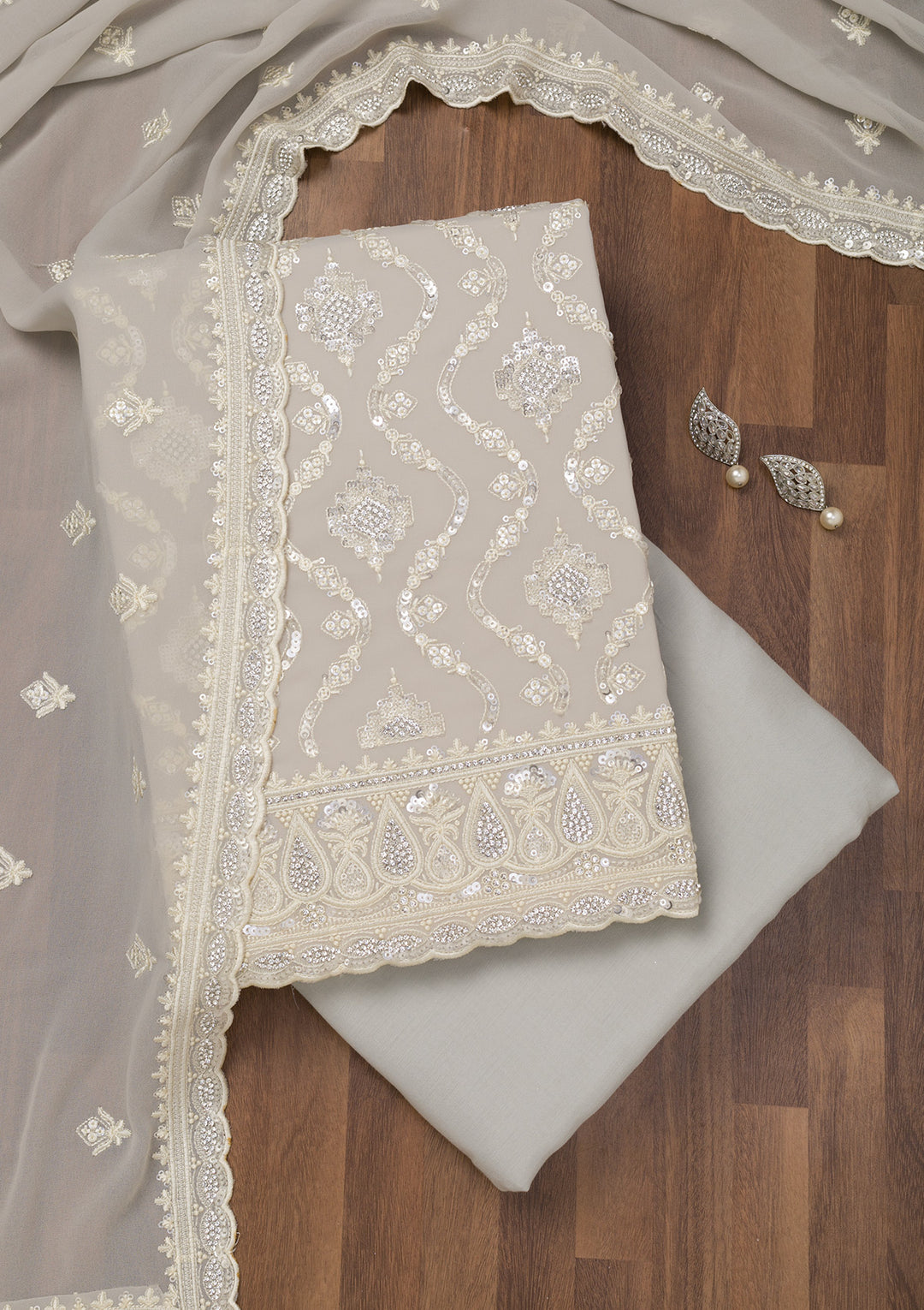 Light Grey Threadwork Georgette Unstitched Salwar Suit