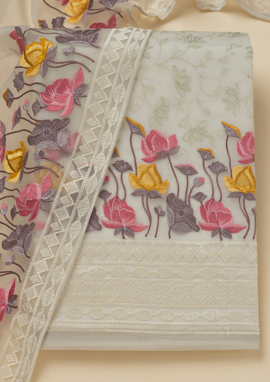Light Grey Threadwork Organza Unstitched Salwar Suit