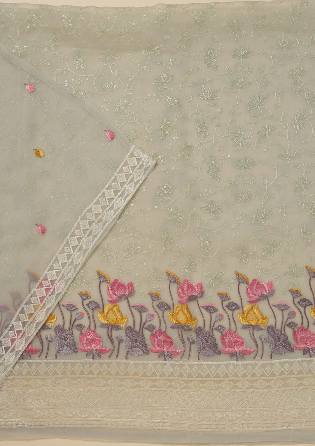 Light Grey Threadwork Organza Unstitched Salwar Suit
