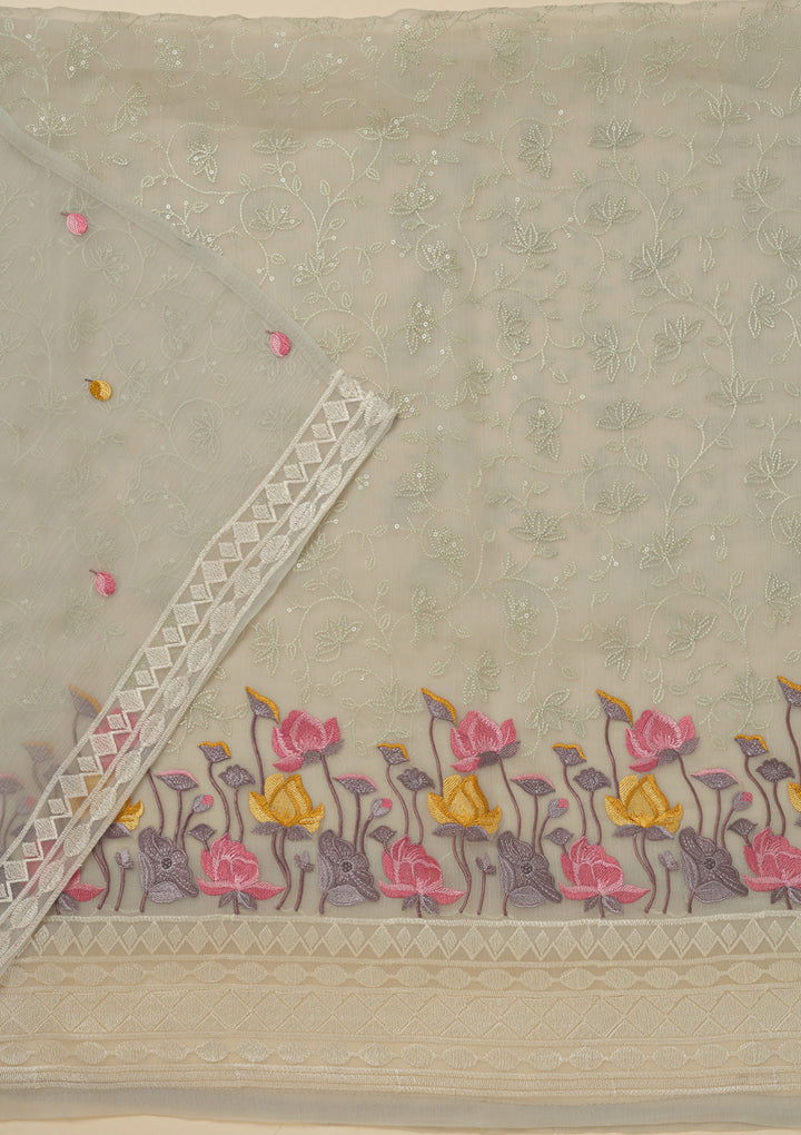 Light Grey Threadwork Organza Unstitched Salwar Suit