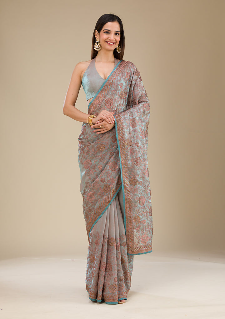 Light Grey Threadwork Raw Silk Saree