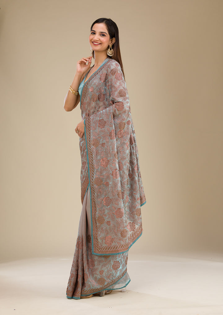 Light Grey Threadwork Raw Silk Saree