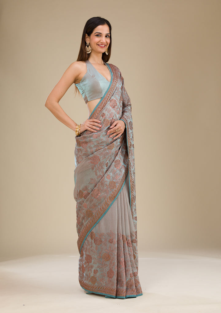 Light Grey Threadwork Raw Silk Saree