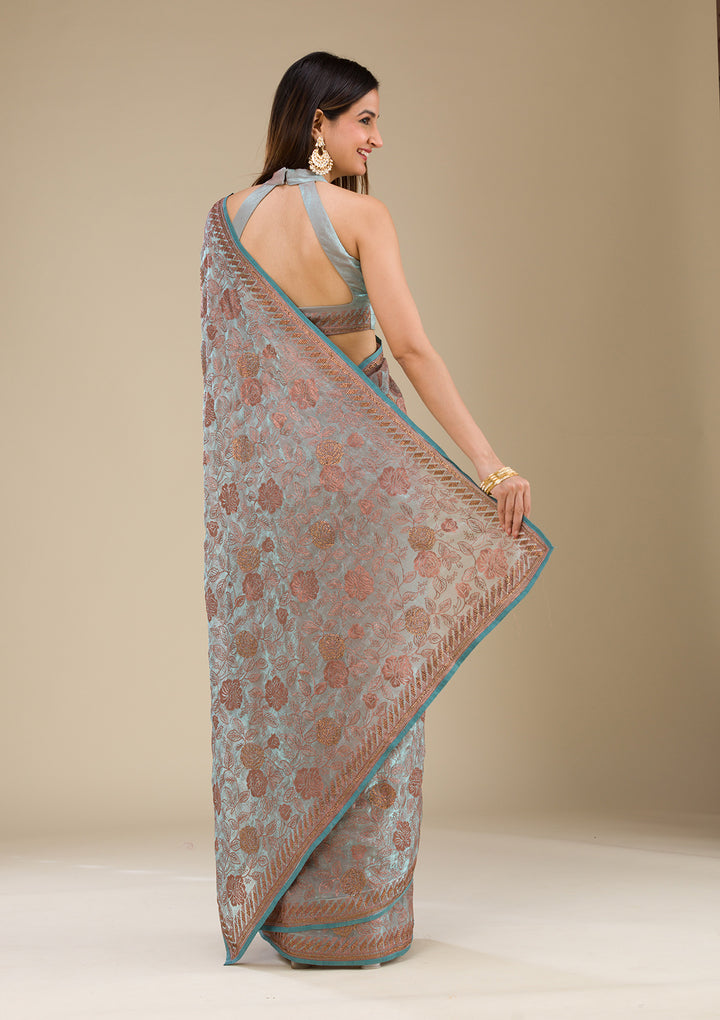 Light Grey Threadwork Raw Silk Saree