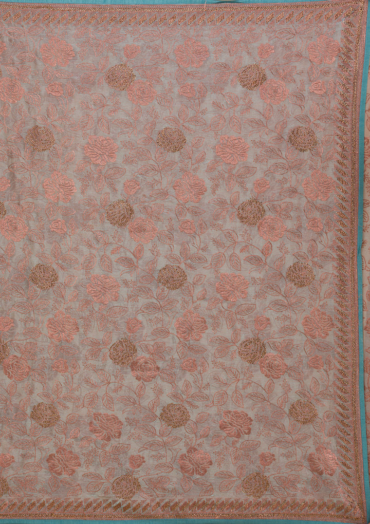 Light Grey Threadwork Raw Silk Saree